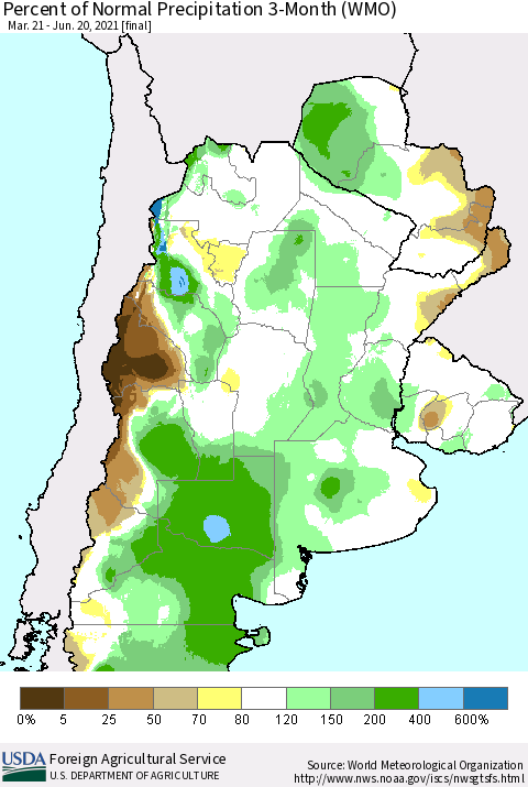 Southern South America Percent of Normal Precipitation 3-Month (WMO) Thematic Map For 3/21/2021 - 6/20/2021