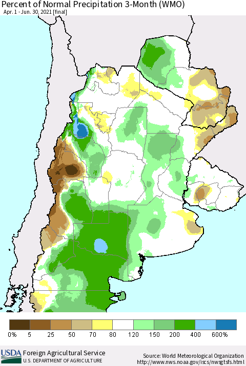Southern South America Percent of Normal Precipitation 3-Month (WMO) Thematic Map For 4/1/2021 - 6/30/2021