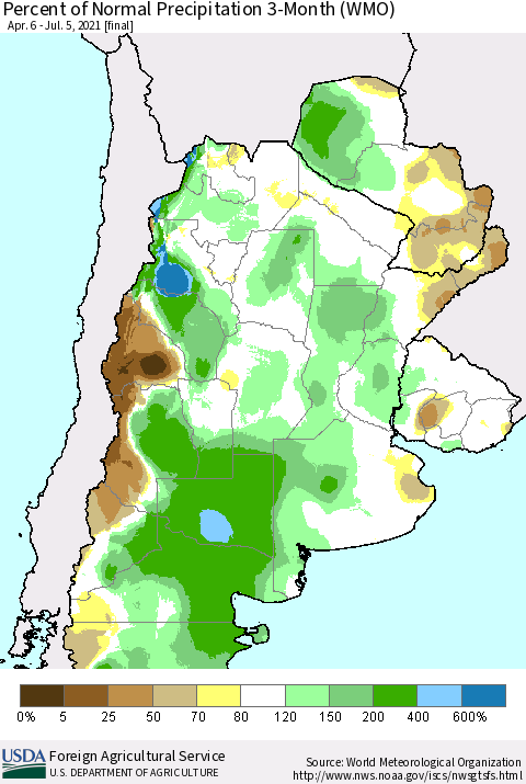Southern South America Percent of Normal Precipitation 3-Month (WMO) Thematic Map For 4/6/2021 - 7/5/2021