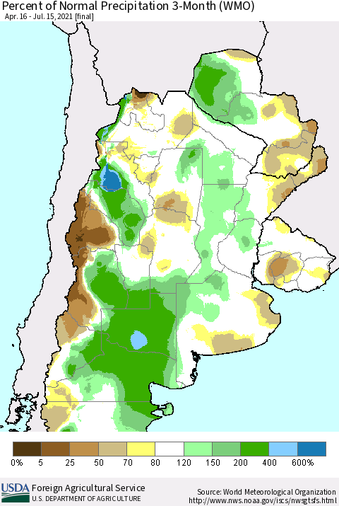 Southern South America Percent of Normal Precipitation 3-Month (WMO) Thematic Map For 4/16/2021 - 7/15/2021