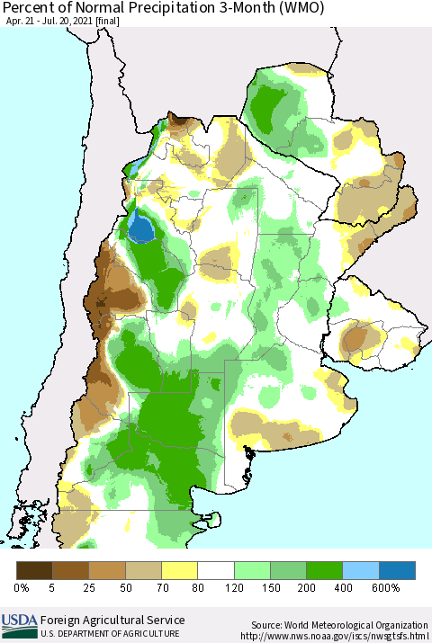 Southern South America Percent of Normal Precipitation 3-Month (WMO) Thematic Map For 4/21/2021 - 7/20/2021