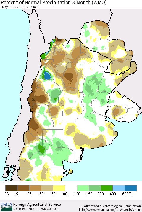 Southern South America Percent of Normal Precipitation 3-Month (WMO) Thematic Map For 5/1/2021 - 7/31/2021