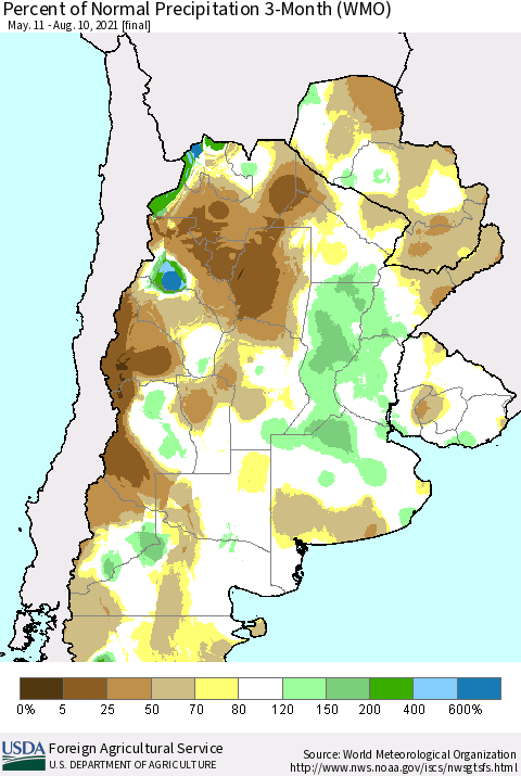 Southern South America Percent of Normal Precipitation 3-Month (WMO) Thematic Map For 5/11/2021 - 8/10/2021
