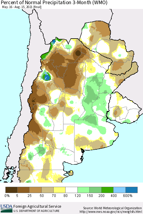 Southern South America Percent of Normal Precipitation 3-Month (WMO) Thematic Map For 5/16/2021 - 8/15/2021
