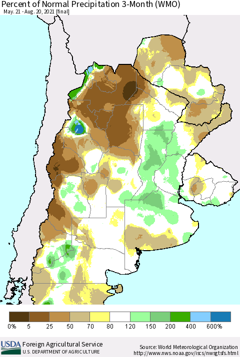 Southern South America Percent of Normal Precipitation 3-Month (WMO) Thematic Map For 5/21/2021 - 8/20/2021