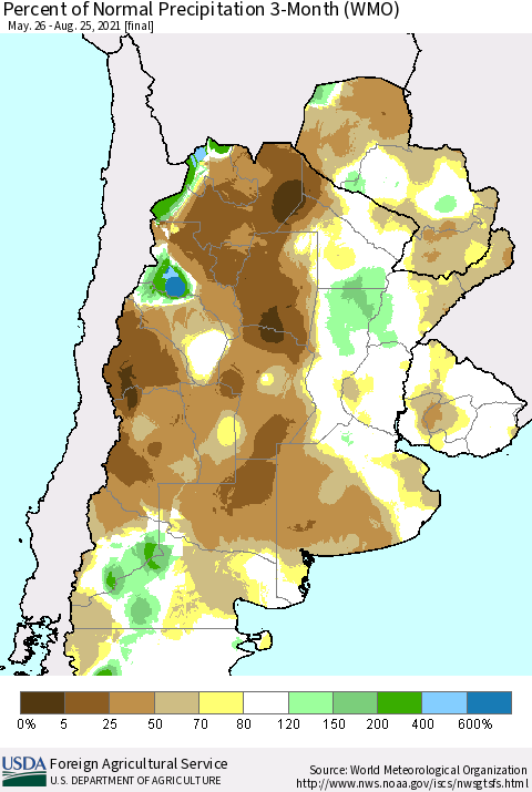 Southern South America Percent of Normal Precipitation 3-Month (WMO) Thematic Map For 5/26/2021 - 8/25/2021