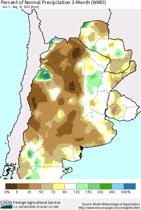 Southern South America Percent of Normal Precipitation 3-Month (WMO) Thematic Map For 6/1/2021 - 8/31/2021