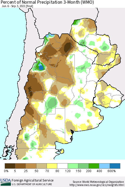 Southern South America Percent of Normal Precipitation 3-Month (WMO) Thematic Map For 6/6/2021 - 9/5/2021