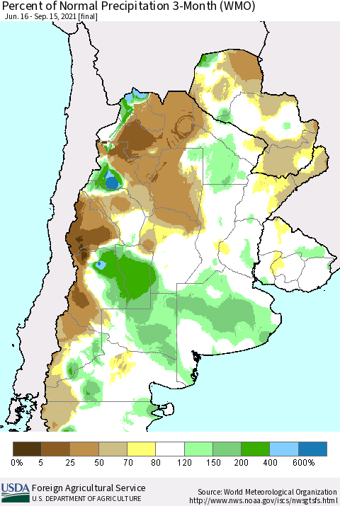 Southern South America Percent of Normal Precipitation 3-Month (WMO) Thematic Map For 6/16/2021 - 9/15/2021