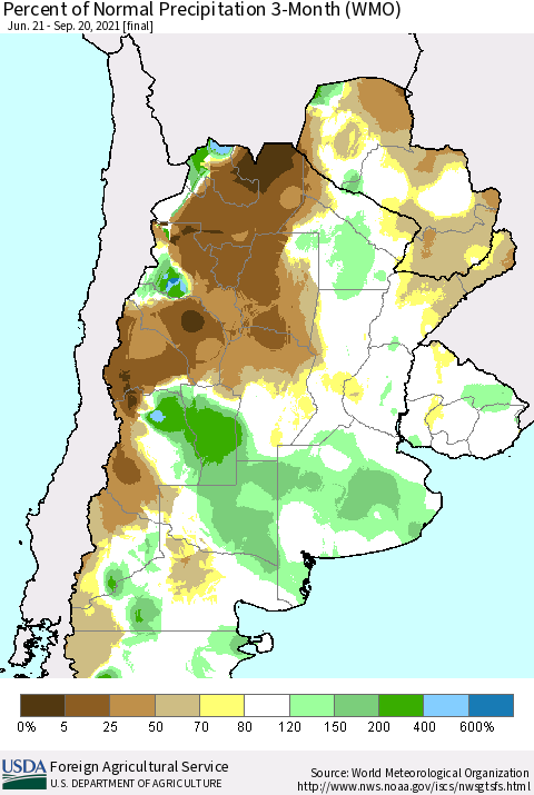 Southern South America Percent of Normal Precipitation 3-Month (WMO) Thematic Map For 6/21/2021 - 9/20/2021
