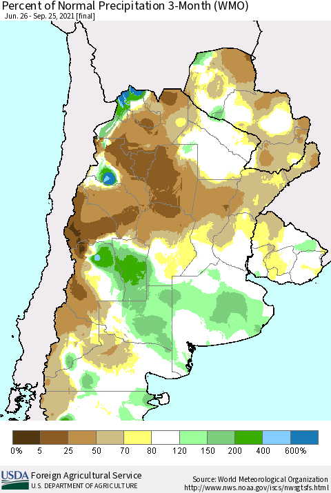 Southern South America Percent of Normal Precipitation 3-Month (WMO) Thematic Map For 6/26/2021 - 9/25/2021