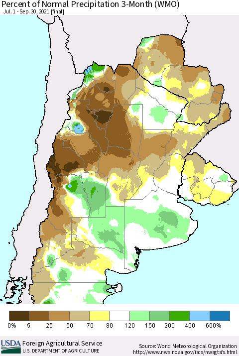 Southern South America Percent of Normal Precipitation 3-Month (WMO) Thematic Map For 7/1/2021 - 9/30/2021