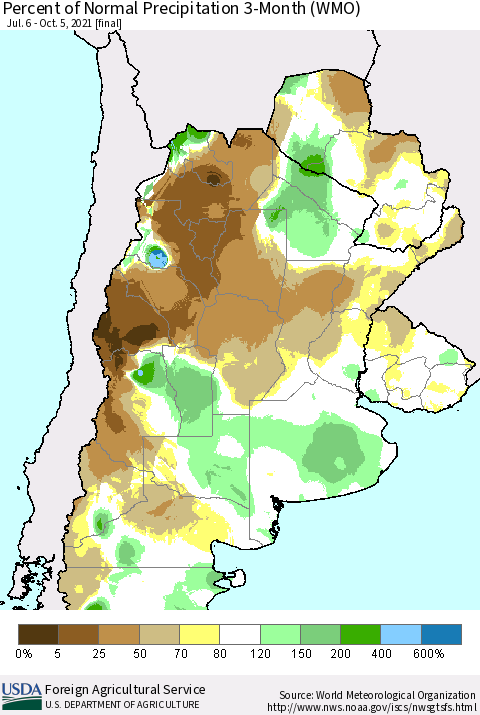 Southern South America Percent of Normal Precipitation 3-Month (WMO) Thematic Map For 7/6/2021 - 10/5/2021