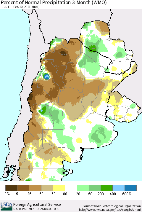 Southern South America Percent of Normal Precipitation 3-Month (WMO) Thematic Map For 7/11/2021 - 10/10/2021