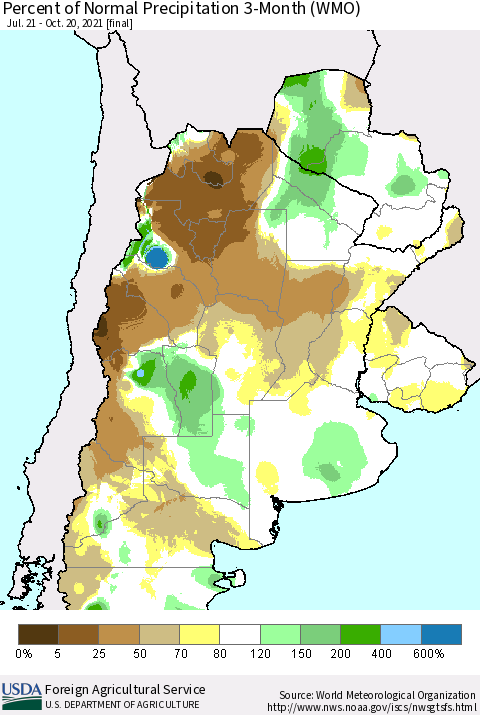 Southern South America Percent of Normal Precipitation 3-Month (WMO) Thematic Map For 7/21/2021 - 10/20/2021