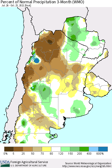 Southern South America Percent of Normal Precipitation 3-Month (WMO) Thematic Map For 7/26/2021 - 10/25/2021