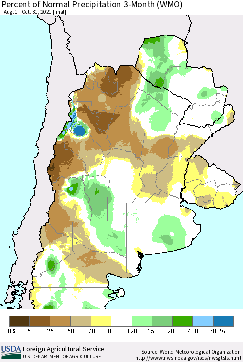 Southern South America Percent of Normal Precipitation 3-Month (WMO) Thematic Map For 8/1/2021 - 10/31/2021