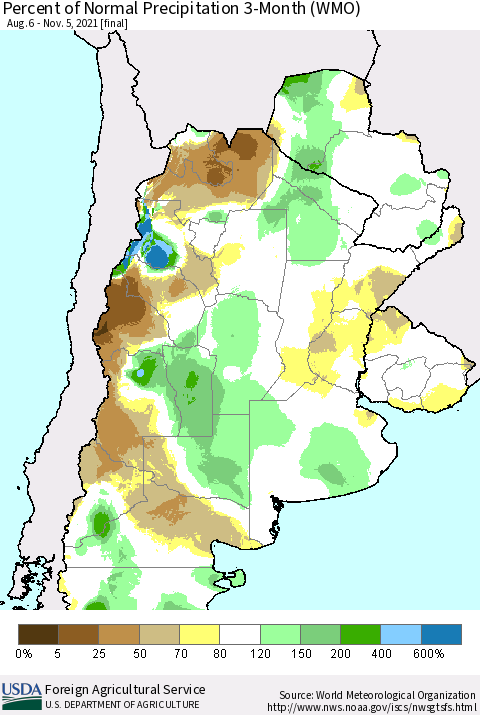 Southern South America Percent of Normal Precipitation 3-Month (WMO) Thematic Map For 8/6/2021 - 11/5/2021