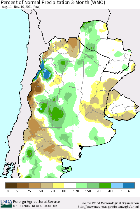 Southern South America Percent of Normal Precipitation 3-Month (WMO) Thematic Map For 8/11/2021 - 11/10/2021