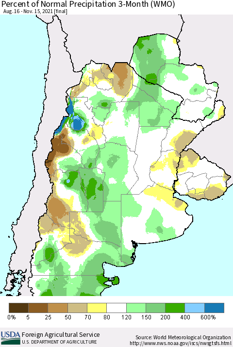 Southern South America Percent of Normal Precipitation 3-Month (WMO) Thematic Map For 8/16/2021 - 11/15/2021