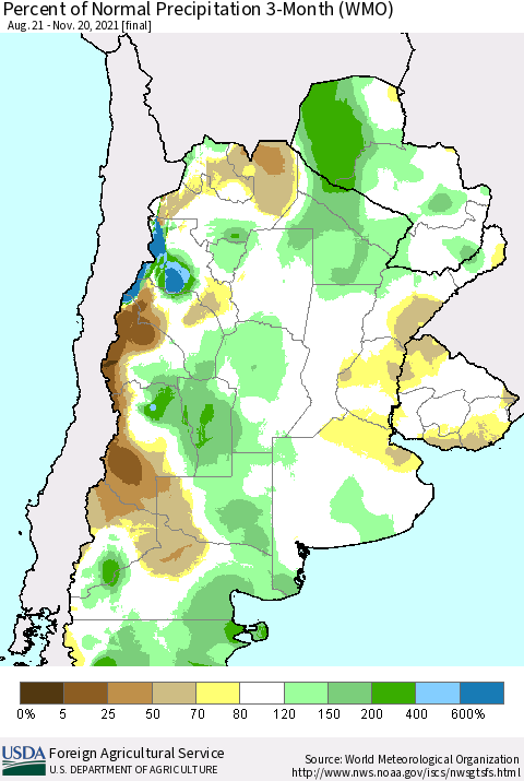 Southern South America Percent of Normal Precipitation 3-Month (WMO) Thematic Map For 8/21/2021 - 11/20/2021