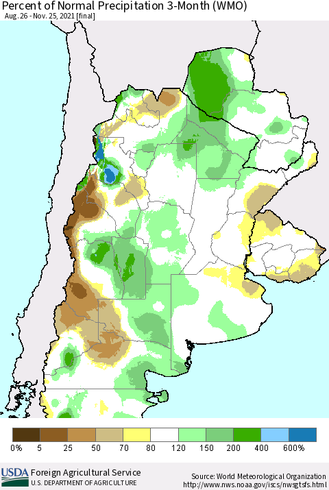 Southern South America Percent of Normal Precipitation 3-Month (WMO) Thematic Map For 8/26/2021 - 11/25/2021