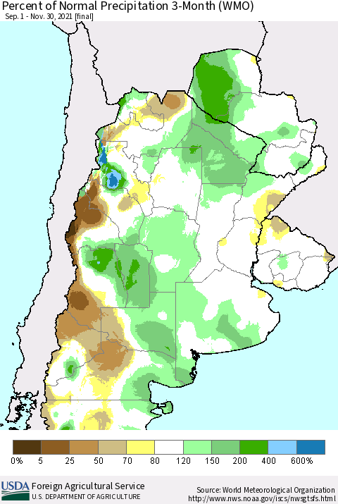 Southern South America Percent of Normal Precipitation 3-Month (WMO) Thematic Map For 9/1/2021 - 11/30/2021