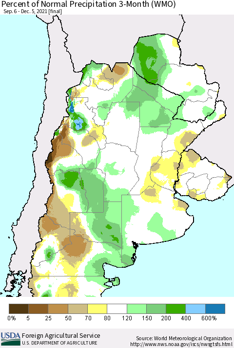 Southern South America Percent of Normal Precipitation 3-Month (WMO) Thematic Map For 9/6/2021 - 12/5/2021