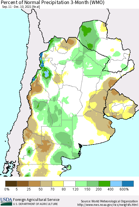 Southern South America Percent of Normal Precipitation 3-Month (WMO) Thematic Map For 9/11/2021 - 12/10/2021