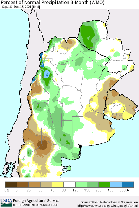 Southern South America Percent of Normal Precipitation 3-Month (WMO) Thematic Map For 9/16/2021 - 12/15/2021