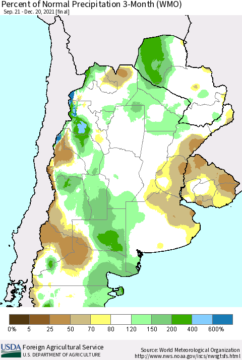 Southern South America Percent of Normal Precipitation 3-Month (WMO) Thematic Map For 9/21/2021 - 12/20/2021