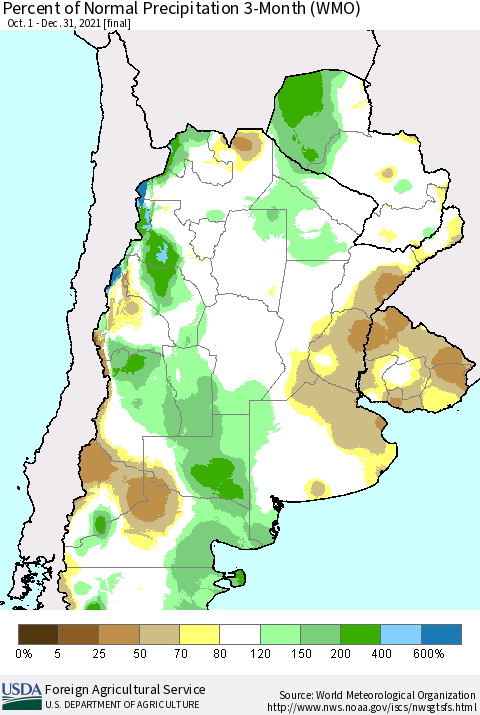 Southern South America Percent of Normal Precipitation 3-Month (WMO) Thematic Map For 10/1/2021 - 12/31/2021