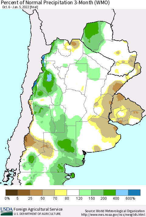 Southern South America Percent of Normal Precipitation 3-Month (WMO) Thematic Map For 10/6/2021 - 1/5/2022