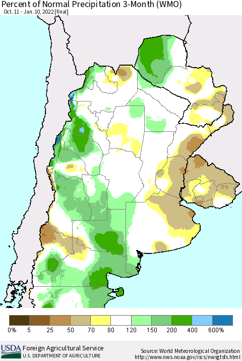 Southern South America Percent of Normal Precipitation 3-Month (WMO) Thematic Map For 10/11/2021 - 1/10/2022