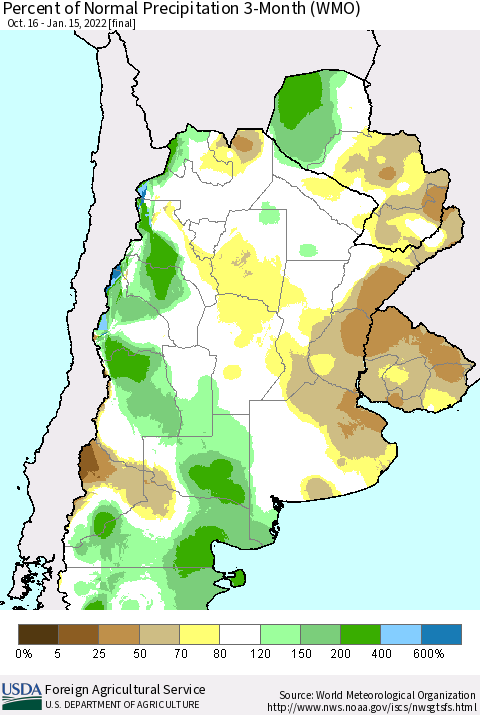Southern South America Percent of Normal Precipitation 3-Month (WMO) Thematic Map For 10/16/2021 - 1/15/2022