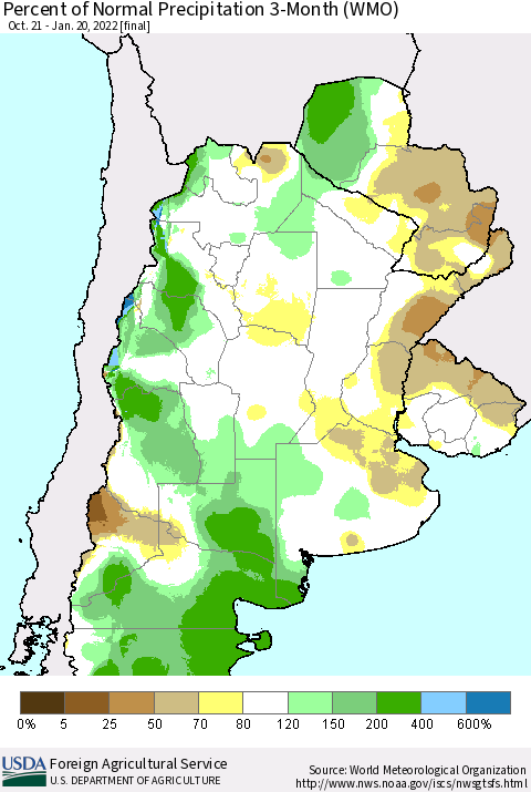 Southern South America Percent of Normal Precipitation 3-Month (WMO) Thematic Map For 10/21/2021 - 1/20/2022