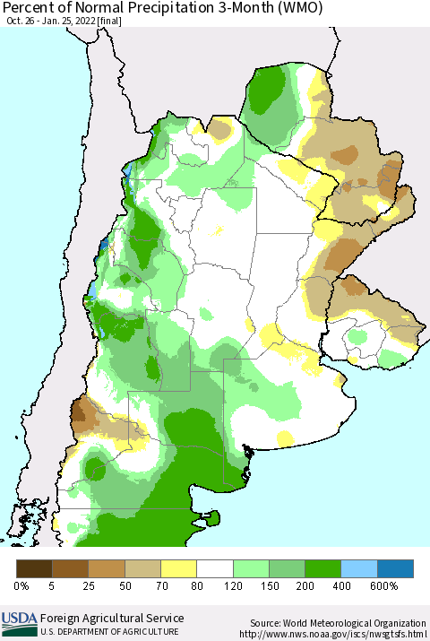 Southern South America Percent of Normal Precipitation 3-Month (WMO) Thematic Map For 10/26/2021 - 1/25/2022