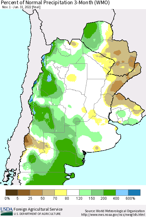Southern South America Percent of Normal Precipitation 3-Month (WMO) Thematic Map For 11/1/2021 - 1/31/2022