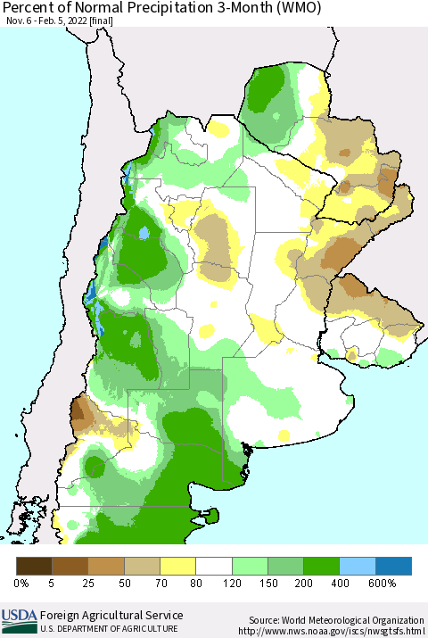 Southern South America Percent of Normal Precipitation 3-Month (WMO) Thematic Map For 11/6/2021 - 2/5/2022