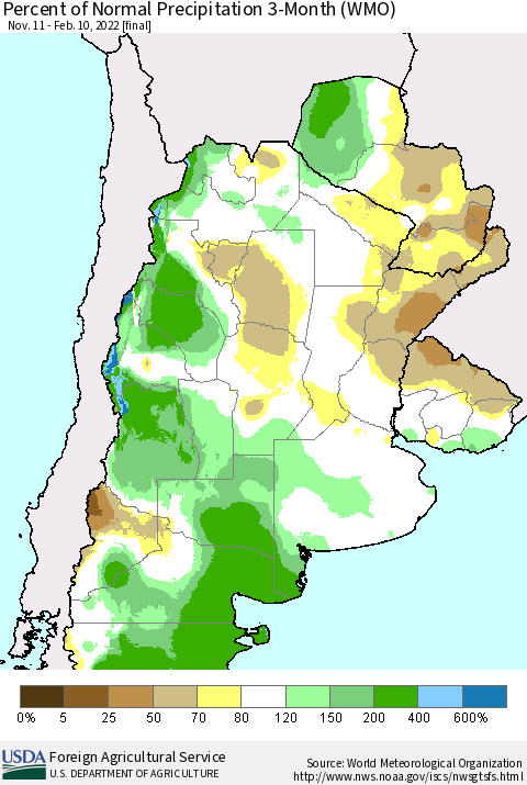 Southern South America Percent of Normal Precipitation 3-Month (WMO) Thematic Map For 11/11/2021 - 2/10/2022