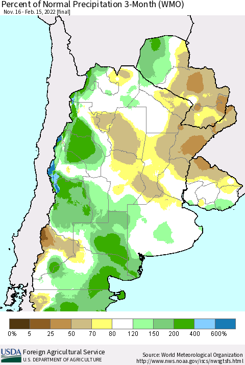 Southern South America Percent of Normal Precipitation 3-Month (WMO) Thematic Map For 11/16/2021 - 2/15/2022