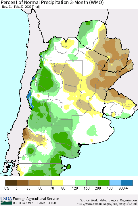 Southern South America Percent of Normal Precipitation 3-Month (WMO) Thematic Map For 11/21/2021 - 2/20/2022