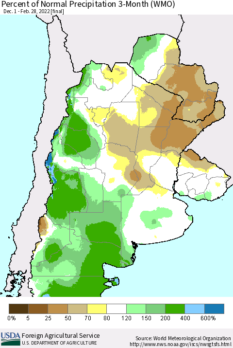 Southern South America Percent of Normal Precipitation 3-Month (WMO) Thematic Map For 12/1/2021 - 2/28/2022