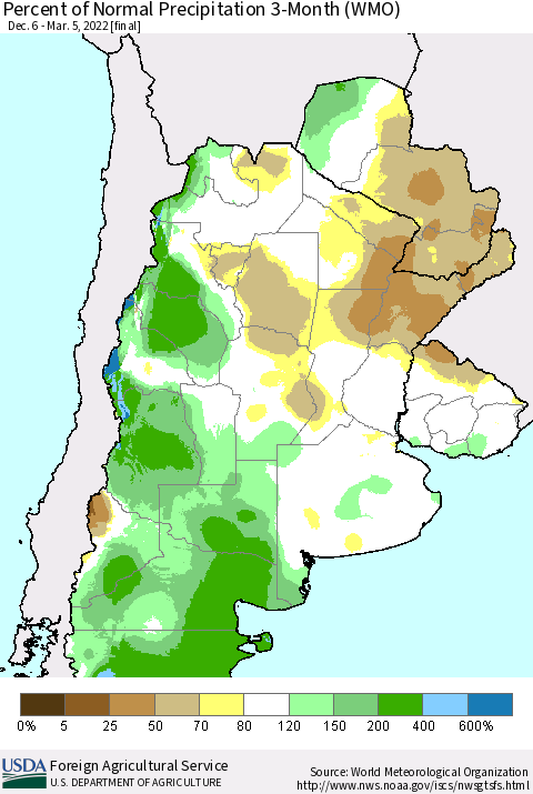 Southern South America Percent of Normal Precipitation 3-Month (WMO) Thematic Map For 12/6/2021 - 3/5/2022
