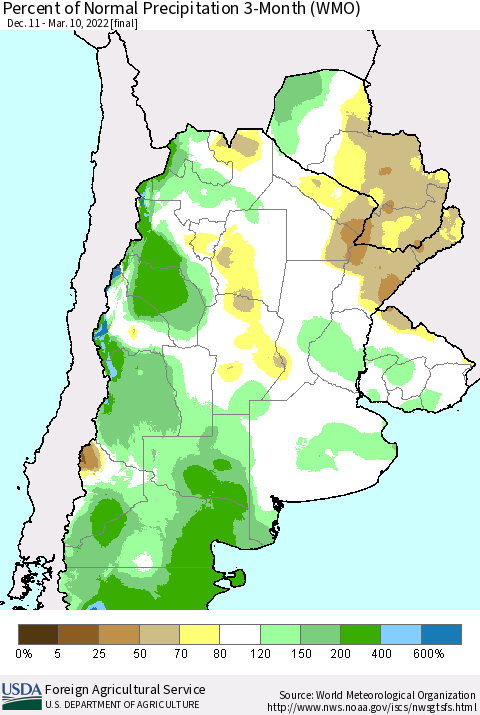 Southern South America Percent of Normal Precipitation 3-Month (WMO) Thematic Map For 12/11/2021 - 3/10/2022
