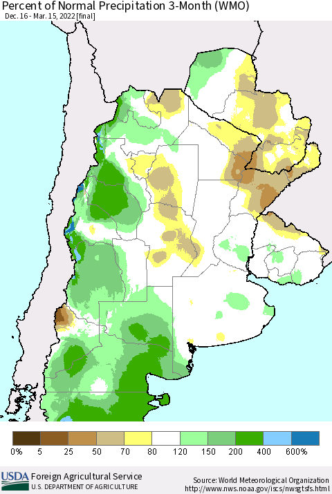 Southern South America Percent of Normal Precipitation 3-Month (WMO) Thematic Map For 12/16/2021 - 3/15/2022
