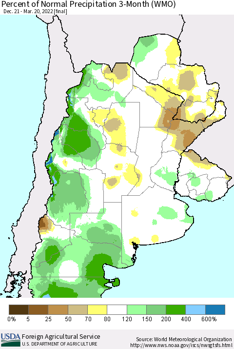 Southern South America Percent of Normal Precipitation 3-Month (WMO) Thematic Map For 12/21/2021 - 3/20/2022