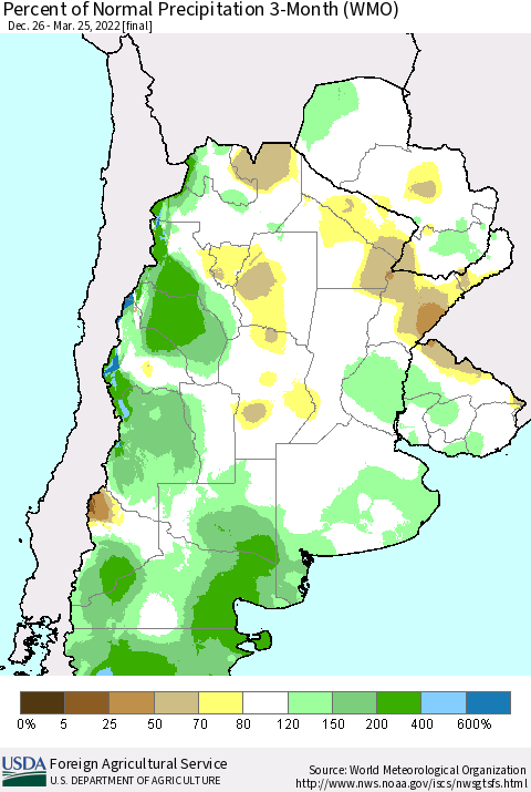 Southern South America Percent of Normal Precipitation 3-Month (WMO) Thematic Map For 12/26/2021 - 3/25/2022