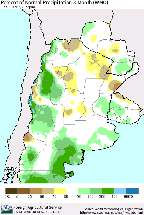 Southern South America Percent of Normal Precipitation 3-Month (WMO) Thematic Map For 1/6/2022 - 4/5/2022