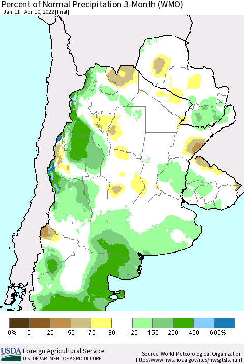 Southern South America Percent of Normal Precipitation 3-Month (WMO) Thematic Map For 1/11/2022 - 4/10/2022